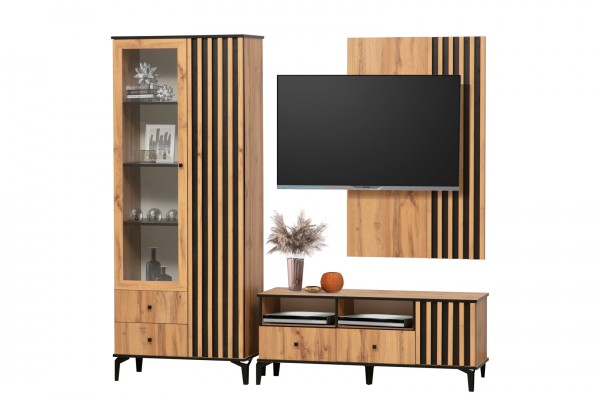 Модульная гостиная Либерти  (дуб вотан/черный/профиль дуб вотан)  фабрика Олмеко  Вар.2