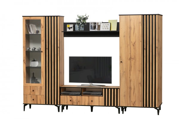 Модульная гостиная Либерти  (дуб вотан/черный/профиль дуб вотан)  фабрика Олмеко  Вар.4