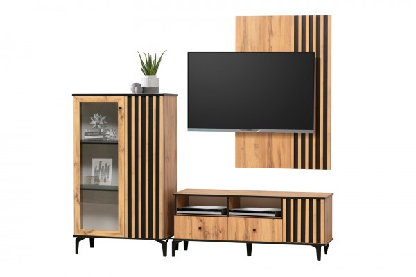 Модульная гостиная Либерти  (дуб вотан/черный/профиль дуб вотан)  фабрика Олмеко Вар.5