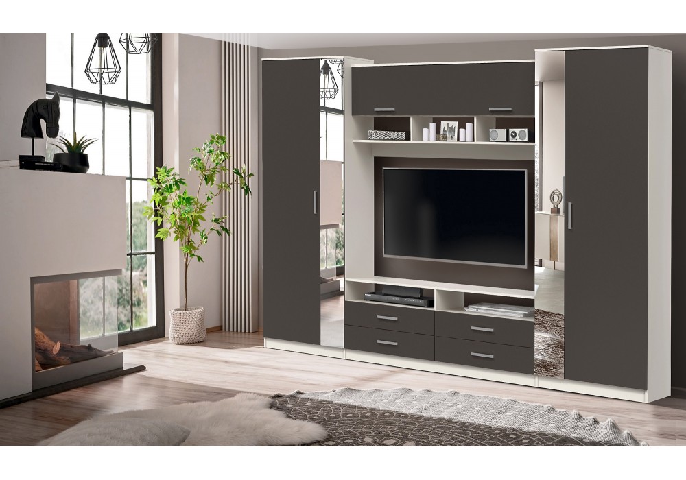 Гостиная Вена с зеркалом 91.01 (белый/диамант серый)  фабрика Олмеко в Минске Гостиная Вена с зеркалом 91.01 (белый/диамант серый)  фабрика Олмеко