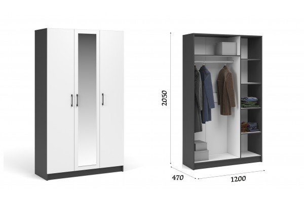 Распашной шкаф Чикаго 3дв с зеркалом (Антрацит/белый) фабрика Империал 