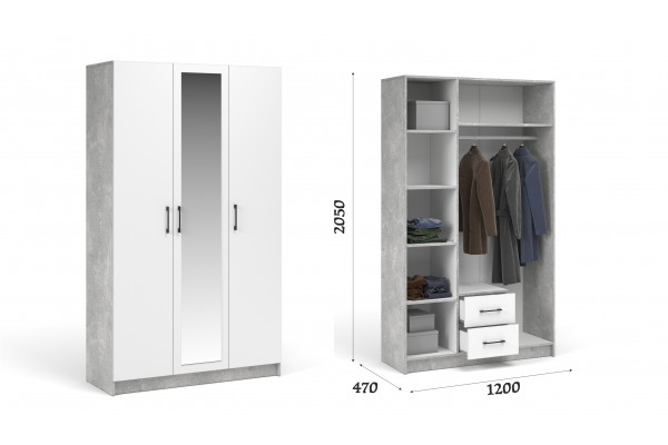 Распашной шкаф Чикаго 3дв с зеркалом (Ателье светлый/белый) фабрика Империал 