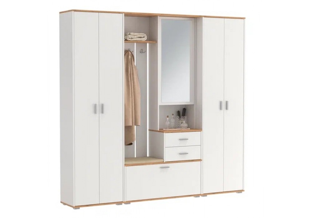 Прихожая Антре 65.08+65.07 (белый/дуб вотан/ткань велюр велутто кремовый 18)  фабрика Олмеко в Минске Прихожая Антре 65.08+65.07 (белый/дуб вотан/ткань велюр велутто кремовый 18)  фабрика Олмеко