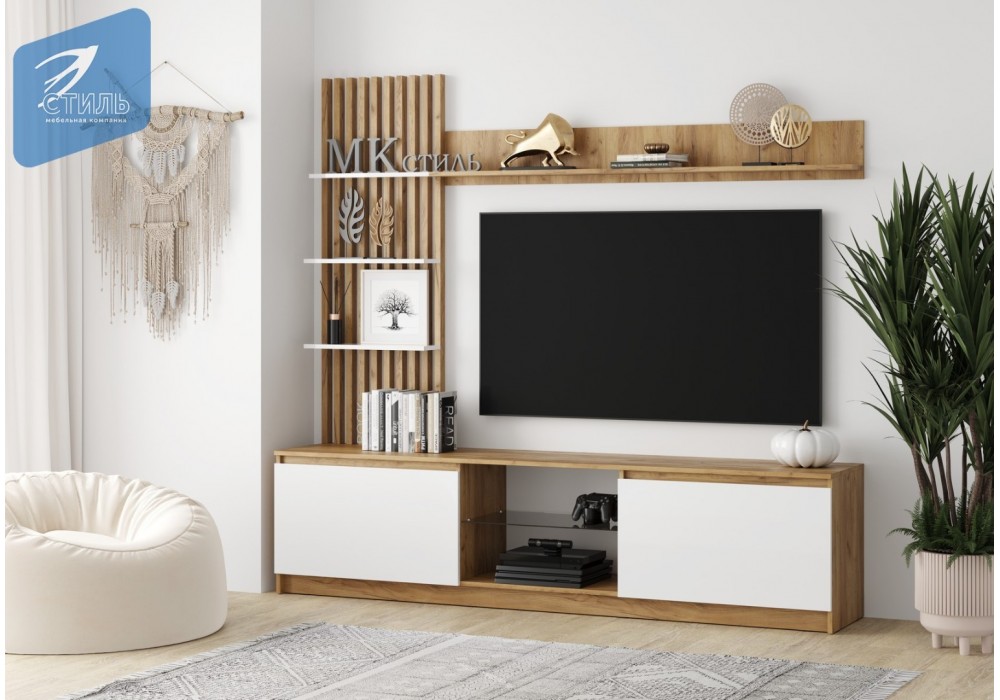 Стенка Бостон НМ-001 ЛДСП (Белый глянец/ Дуб крафт золотой) МК-Стиль в Минске Стенка Бостон НМ-001 ЛДСП (Белый глянец/ Дуб крафт золотой) МК-Стиль