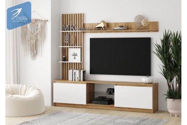 Стенка Бостон НМ-001 ЛДСП (Белый глянец/ Дуб крафт золотой) МК-Стиль