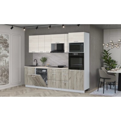 Кухонный гарнитур Мила Лайт 2,6-ПМ1 (Вудлайн кремовый/Дуб серый/Травертин) фабрика Интерлиния Кухонный гарнитур Мила Лайт 2,6-ПМ1 (Вудлайн кремовый/Дуб серый/Травертин) фабрика Интерлиния