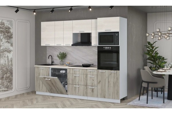Кухонный гарнитур Мила Лайт 2,6-ПМ1 (Вудлайн кремовый/Дуб серый/Травертин) фабрика Интерлиния