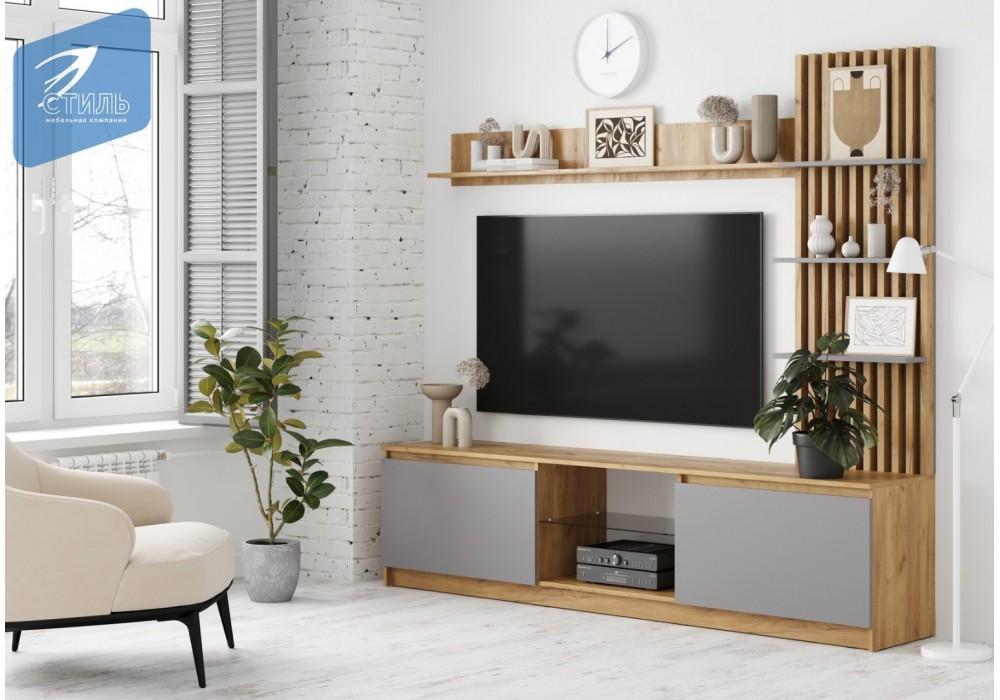 Стенка Бостон НМ-001 ЛДСП (Серый шифер/Дуб крафт золотой) МК-Стиль в Минске Стенка Бостон НМ-001 ЛДСП (Серый шифер/Дуб крафт золотой) МК-Стиль