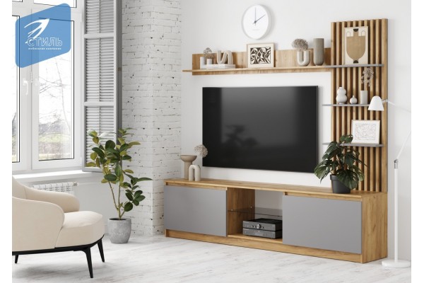 Стенка Бостон НМ-001 ЛДСП (Серый шифер/Дуб крафт золотой) МК-Стиль