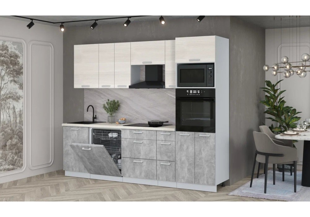 Кухонный гарнитур Мила Лайт 2,6-ПМ1 (Вудлайн кремовый/Бетон/Сосна бискайская) фабрика Интерлиния в Минске Кухонный гарнитур Мила Лайт 2,6-ПМ1 (Вудлайн кремовый/Бетон/Сосна бискайская) фабрика Интерлиния