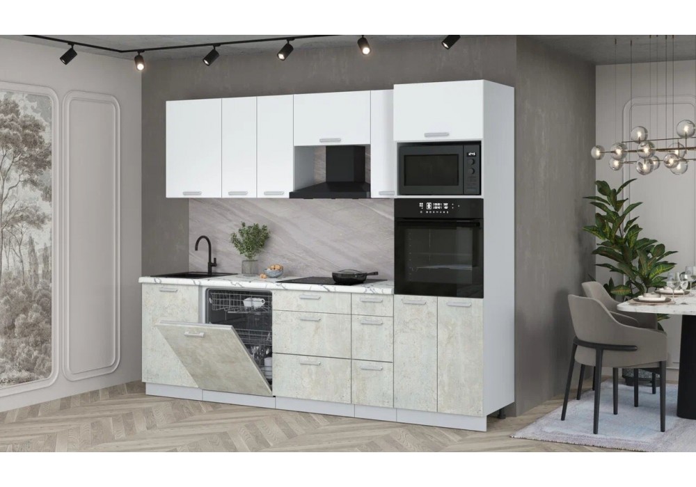 Кухонный гарнитур Мила Лайт 2,6-ПМ1 (Белый Платинум/Бетон лайт/Гранит белый) фабрика Интерлиния в Минске Кухонный гарнитур Мила Лайт 2,6-ПМ1 (Белый Платинум/Бетон лайт/Гранит белый) фабрика Интерлиния