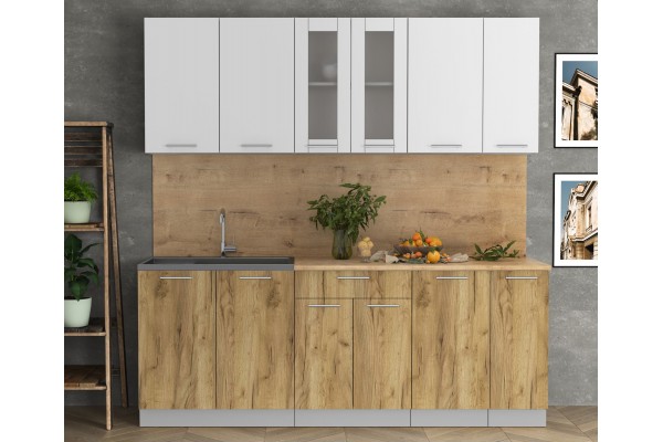 Кухонный гарнитур Мила 2,1м (Белый Платинум/Дуб золотой) фабрика Интерлиния