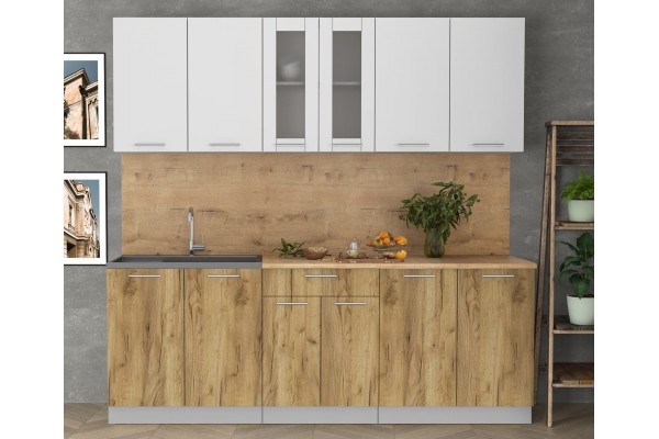 Кухонный гарнитур Мила 2,2м (Белый Платинум/Дуб золотой) фабрика Интерлиния