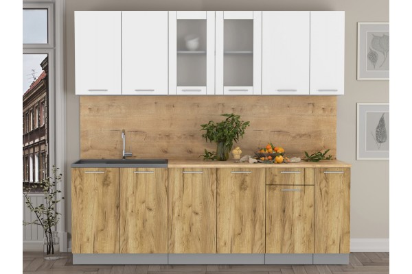 Кухонный гарнитур Мила 2,3м (Белый Платинум/Дуб золотой) фабрика Интерлиния