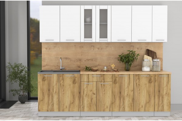 Кухонный гарнитур Мила 2,5 м (Белый Платинум/Дуб золотой) фабрика Интерлиния