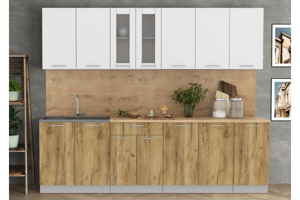 Кухонный гарнитур Мила 2,6 м (Белый Платинум/Дуб золотой) фабрика Интерлиния