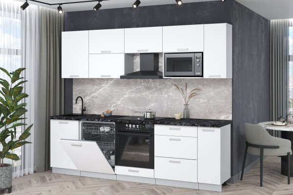 Кухонный гарнитур Мила Лайт 2,6-ПМ2 (Белый Платинум/Белый Платинум/Кастилло темный) фабрика Интерлиния