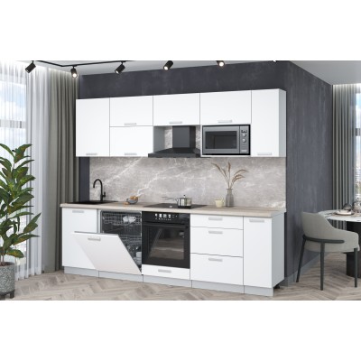 Кухонный гарнитур Мила Лайт 2,6-ПМ2 (Белый Платинум/Белый Платинум/Травертин) фабрика Интерлиния Кухонный гарнитур Мила Лайт 2,6-ПМ2 (Белый Платинум/Белый Платинум/Травертин) фабрика Интерлиния