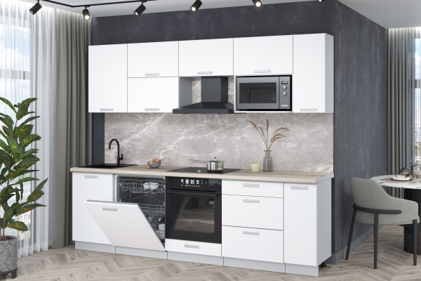 Кухонный гарнитур Мила Лайт 2,6-ПМ2 (Белый Платинум/Белый Платинум/Травертин) фабрика Интерлиния