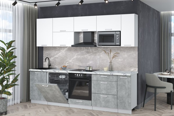 Кухонный гарнитур Мила Лайт 2,6-ПМ2 (Белый Платинум/Бетон/Гранит белый) фабрика Интерлиния