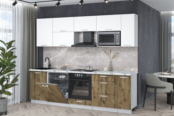 Кухонный гарнитур Мила Лайт 2,6-ПМ2 (Белый Платинум/Дуб веллингтон/Гранит белый) фабрика Интерлиния