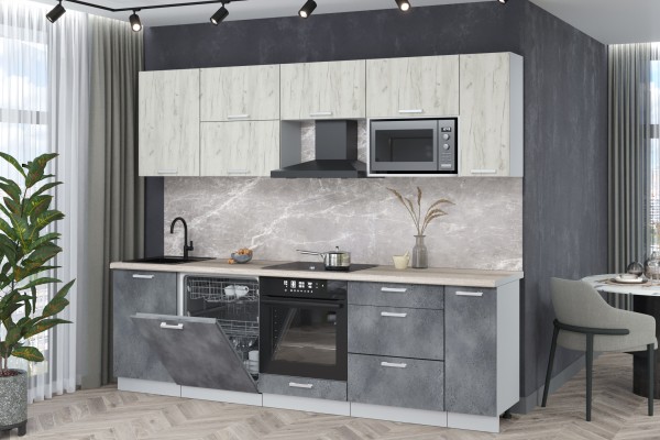 Кухонный гарнитур Мила Лайт 2,6-ПМ2 (Дуб белый/Бетон портленд/Травертин) фабрика Интерлиния