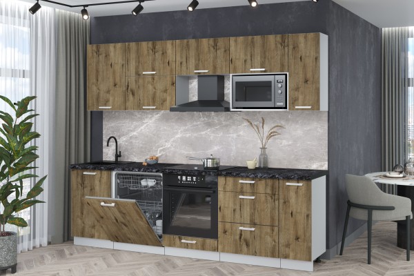 Кухонный гарнитур Мила Лайт 2,6-ПМ2 (Дуб веллингтон/Дуб веллингтон/Кастилло темный) фабрика Интерлиния