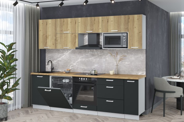 Кухонный гарнитур Мила Лайт 2,6-ПМ2 (Дуб золотой/Антрацит/Дуб бунратти) фабрика Интерлиния
