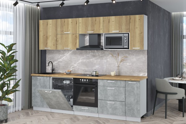 Кухонный гарнитур Мила Лайт 2,6-ПМ2 (Дуб золотой/Бетон/Дуб бунратти) фабрика Интерлиния