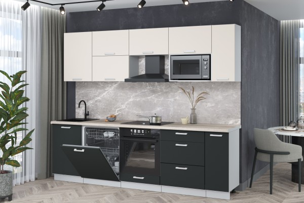 Кухонный гарнитур Мила Лайт 2,6-ПМ2 (Персидский жемчуг/Антрацит/Травертин) фабрика Интерлиния