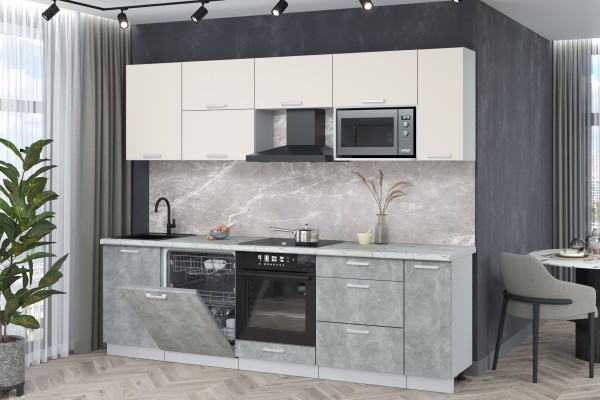 Кухонный гарнитур Мила Лайт 2,6-ПМ2 (Персидский жемчуг/Бетон/Серый каспий) фабрика Интерлиния