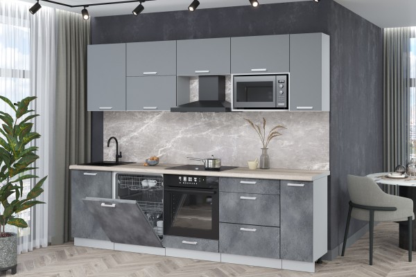 Кухонный гарнитур Мила Лайт 2,6-ПМ2 (Серебро/Бетон портленд/Травертин) фабрика Интерлиния