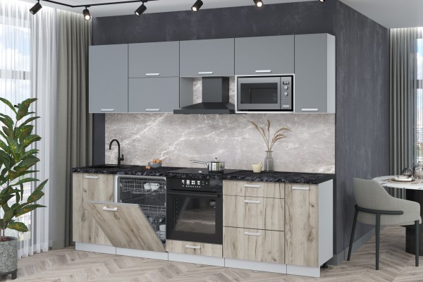 Кухонный гарнитур Мила Лайт 2,6-ПМ2 (Серебро/Дуб серый/Кастилло темный) фабрика Интерлиния