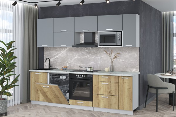 Кухонный гарнитур Мила Лайт 2,6-ПМ2 (Серебро/Дуб золотой/Серый каспий) фабрика Интерлиния