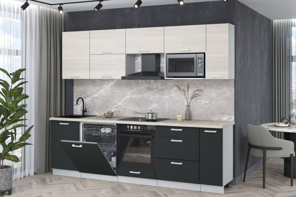 Кухонный гарнитур Мила Лайт 2,6-ПМ2 (Вудлайн кремовый/Антрацит/Сосна бискайская) фабрика Интерлиния