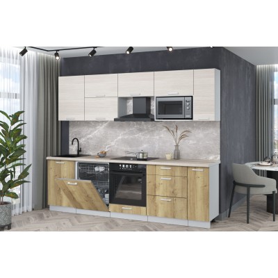 Кухонный гарнитур Мила Лайт 2,6-ПМ2 (Вудлайн кремовый/Дуб золотой/Травертин) фабрика Интерлиния Кухонный гарнитур Мила Лайт 2,6-ПМ2 (Вудлайн кремовый/Дуб золотой/Травертин) фабрика Интерлиния