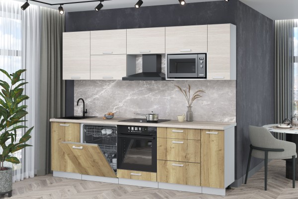 Кухонный гарнитур Мила Лайт 2,6-ПМ2 (Вудлайн кремовый/Дуб золотой/Травертин) фабрика Интерлиния