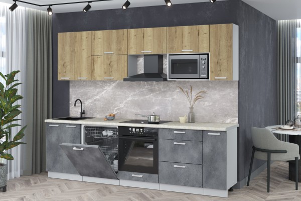 Кухонный гарнитур Мила Лайт 2,7-ПМ2 (Дуб золотой/Бетон портленд/Опал светлый) фабрика Интерлиния