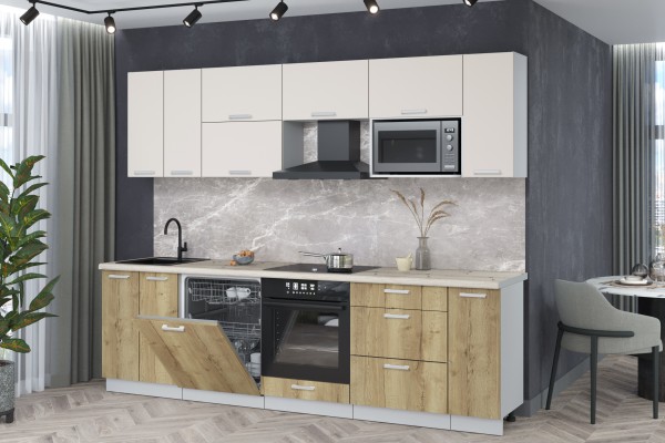 Кухонный гарнитур Мила Лайт 2,7-ПМ2 (Персидский жемчуг/Дуб золотой/Сосна бискайская) фабрика Интерлиния