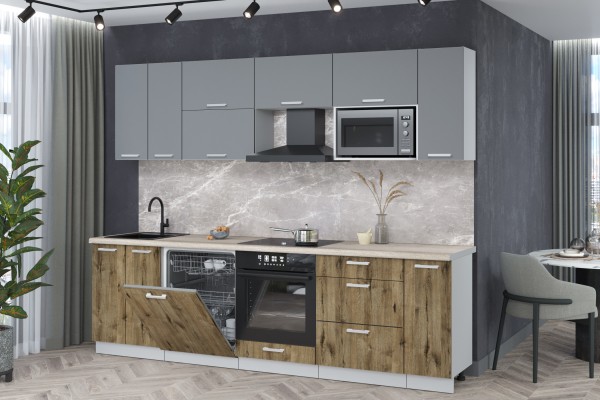 Кухонный гарнитур Мила Лайт 2,7-ПМ2 (Серебро/Дуб веллингтон/Травертин) фабрика Интерлиния