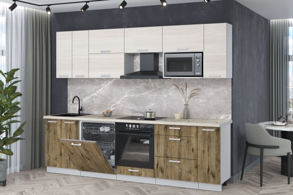 Кухонный гарнитур Мила Лайт 2,7-ПМ2 (Вудлайн кремовый/Дуб веллингтон/Сосна бискайская) фабрика Интерлиния