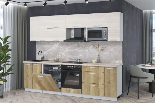 Кухонный гарнитур Мила Лайт 2,7-ПМ2 (Вудлайн кремовый/Дуб золотой/Травертин) фабрика Интерлиния