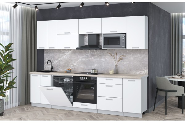 Кухонный гарнитур Мила Лайт 2,8-ПМ2 (Белый Платинум/Белый Платинум/Травертин) фабрика Интерлиния