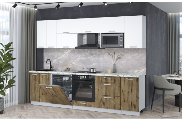 Кухонный гарнитур Мила Лайт 2,8-ПМ2 (Белый Платинум/Дуб веллингтон/Гранит белый) фабрика Интерлиния