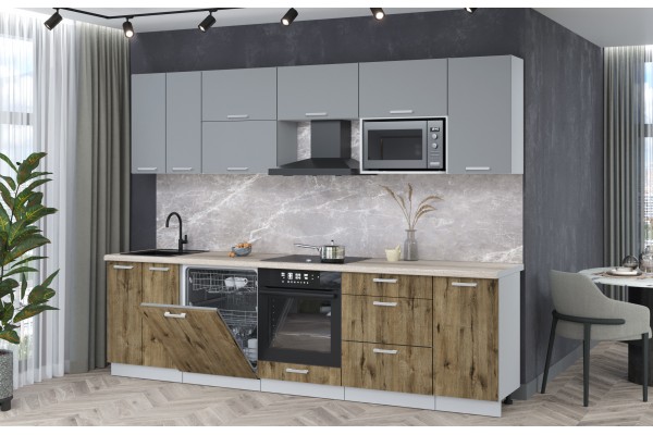 Кухонный гарнитур Мила Лайт 2,8-ПМ2 (Серебро/Дуб веллингтон/Травертин) фабрика Интерлиния