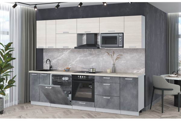 Кухонный гарнитур Мила Лайт 2,8-ПМ2 (Вудлайн кремовый/Бетон портленд/Сосна бискайская) фабрика Интерлиния