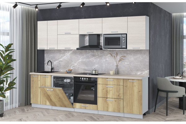 Кухонный гарнитур Мила Лайт 2,8-ПМ2 (Вудлайн кремовый/Дуб золотой/Травертин) фабрика Интерлиния