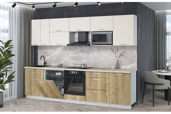 Кухонный гарнитур Мила Лайт 2,9-ПМ2 (Персидский жемчуг/Дуб золотой/Сосна бискайская) фабрика Интерлиния