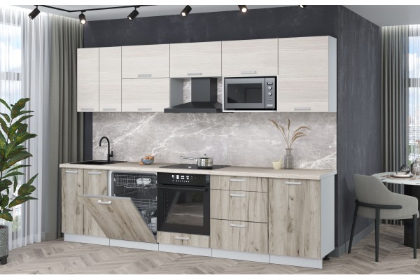 Кухонный гарнитур Мила Лайт 2,9-ПМ2 (Вудлайн кремовый/Дуб серый/Травертин) фабрика Интерлиния