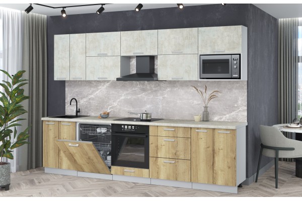 Кухонный гарнитур Мила Лайт 3,0-ПМ2 (Бетон лайт/Дуб золотой/Опал светлый) фабрика Интерлиния